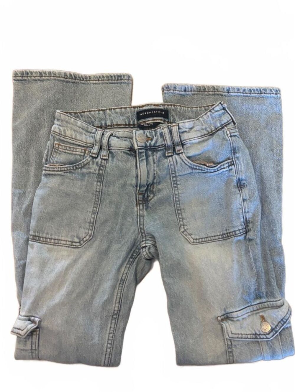 Aeropostale Y2K Cargo Flare Wide Leg Utility Jeans 0S Light Wash